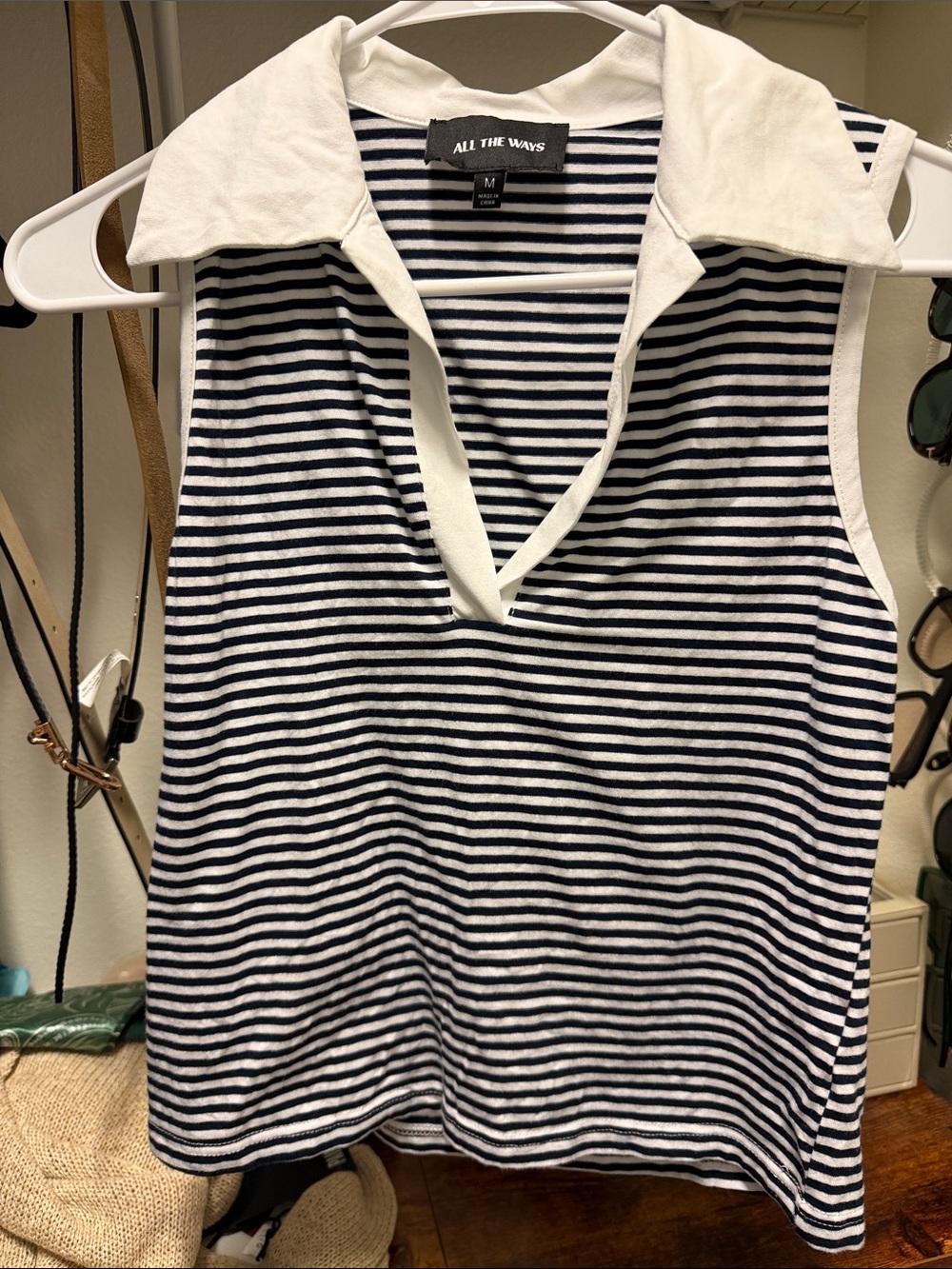 All The Ways Women's Navy & White Striped Collared Tank